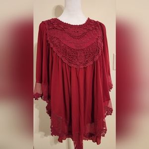 Boho Casual Women's Burgundy Top with Crochet Lace Mesh Detail